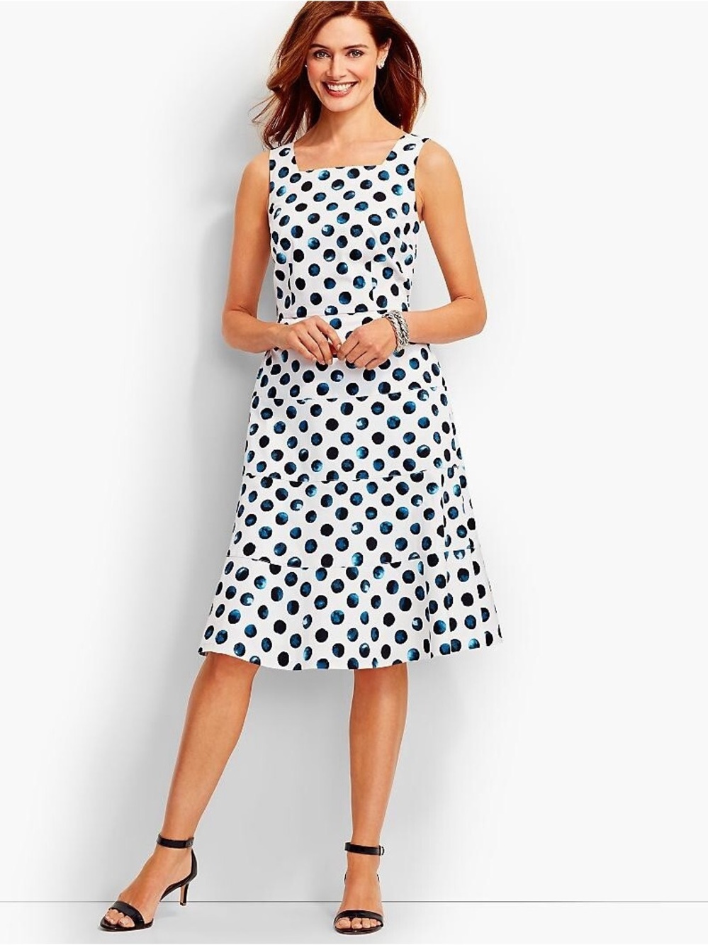 Talbots White Sleeveless A-Line Dress with Navy Polka Dots